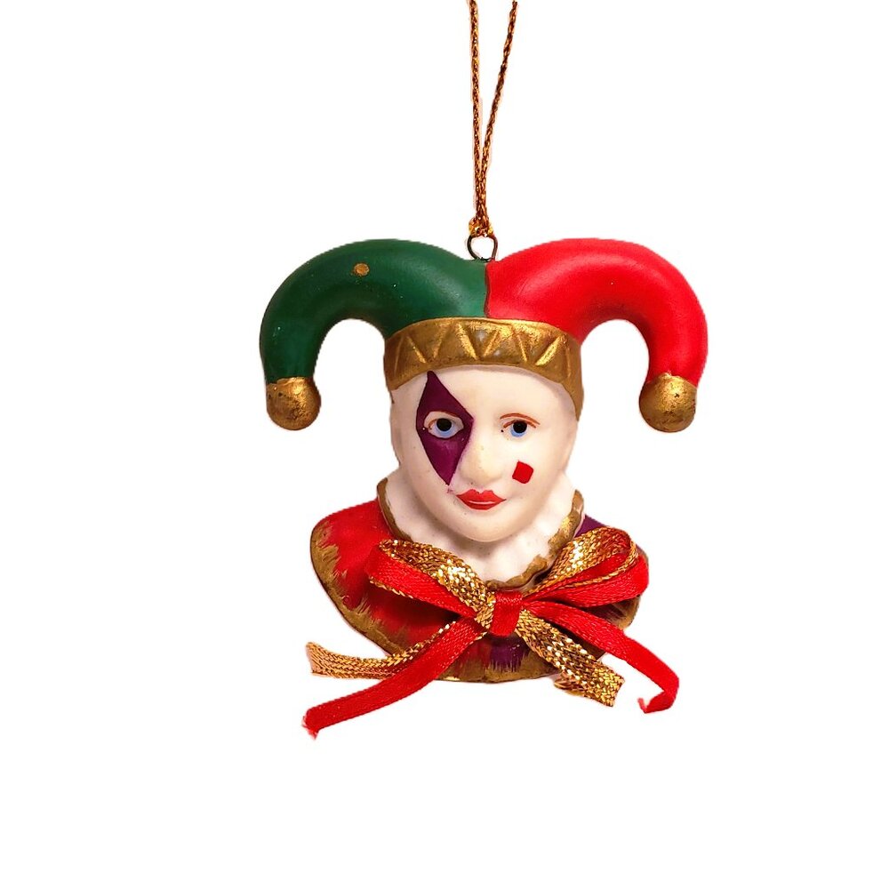 Harlequin Jester Christmas Ornament Clown Hand Painted Bisque Porcelain